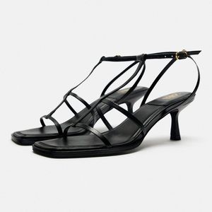 Zara strappy heeled leather sandals Black NWT